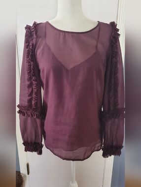 Women's Plum Ruffle Sleeve Sheer Blouse
